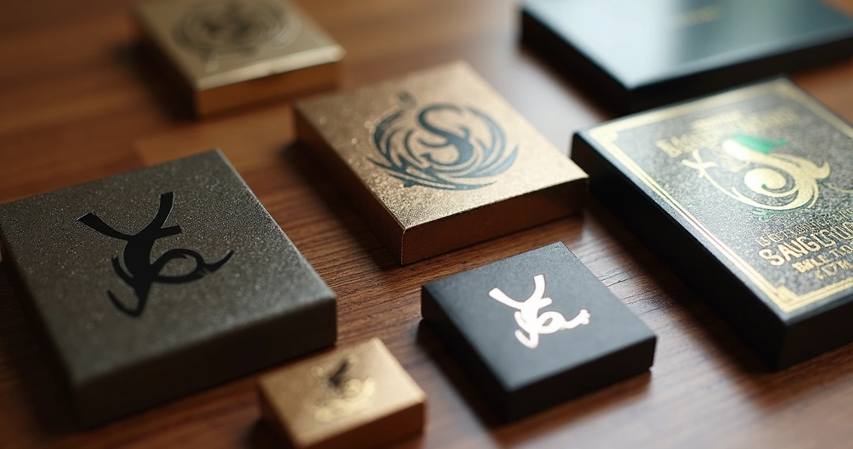 Vários tipos de embalagens com diferentes acabamentos gráficos, como verniz localizado e hot stamping 