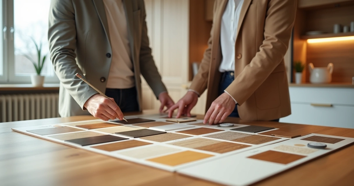 Profissional avaliando amostras de acabamentos para móveis planejados em ambiente moderno 
