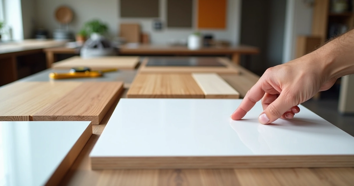 Mostruário de acabamentos para móveis planejados, incluindo lâminas, amostras de laca, vidros e madeira natural.