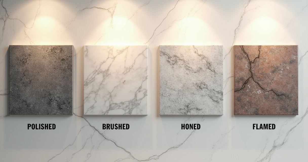 Quatro amostras de pedra lado a lado exibindo diferentes acabamentos, polido, escovado, levigado e flameado 