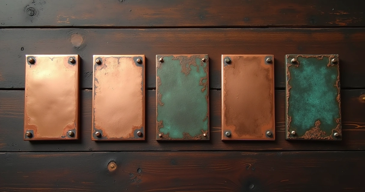 Cinco placas de cobre, cada uma mostrando um acabamento diferente lado a lado 