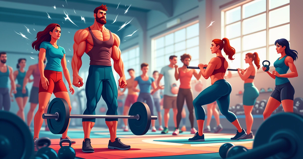 Atletas malhando em uma academia, levantando pesos e usando kettlebells, simbolizando os benefícios da creatina.