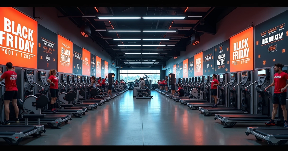 Academia com banners de promoção de Black Friday fitness 