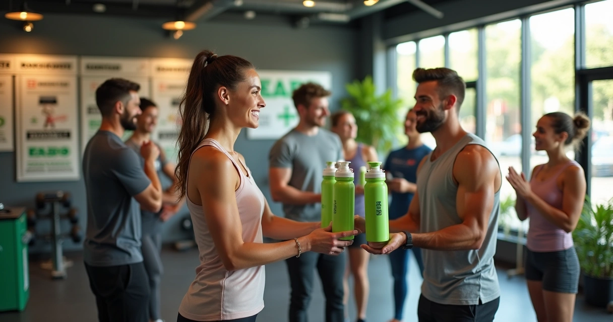 Academia distribuindo brindes sustentáveis aos alunos 