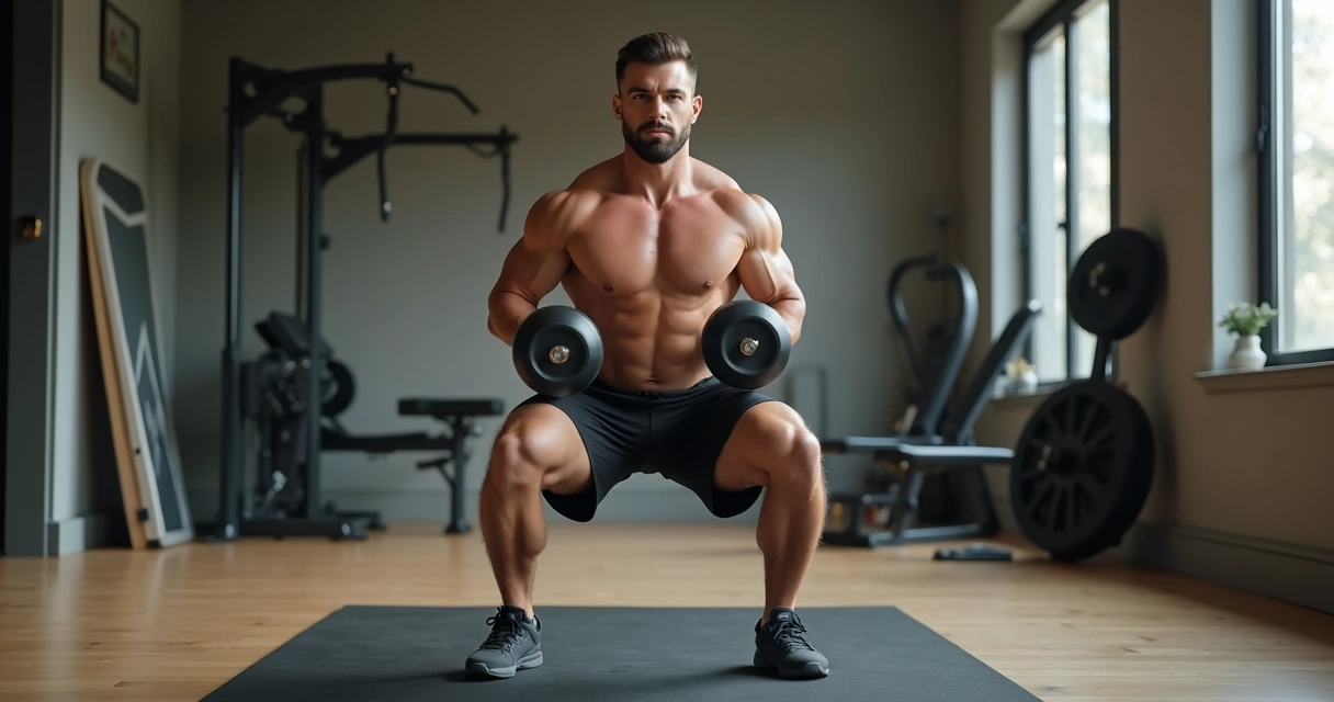 Homem fazendo agachamento com halteres em casa, tapete de exercícios e espelho ao fundo 