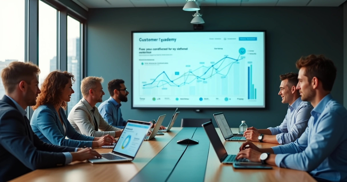 Equipe treinando clientes em uma plataforma online com gráficos de retenção em destaque 