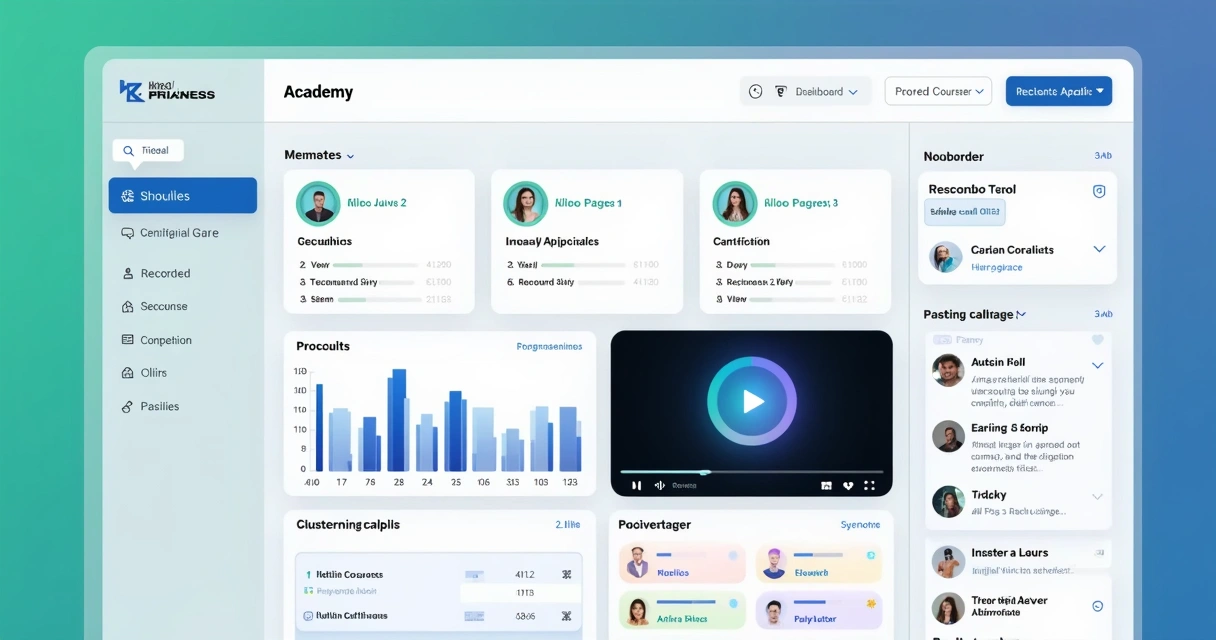 Painel virtual simulando uma academia digital de clientes com cursos e certificações