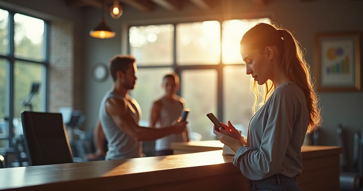 Dona de academia conferindo pagamentos recebidos no celular 