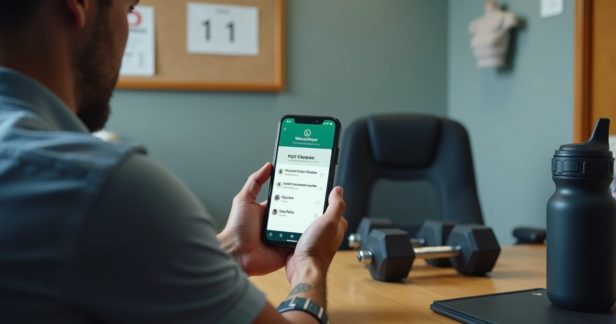 Pessoa recebendo mensagem de cobrança de academia pelo WhatsApp em tela de celular 
