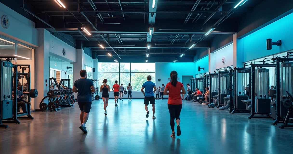 Pessoas praticando corrida e musculação na academia