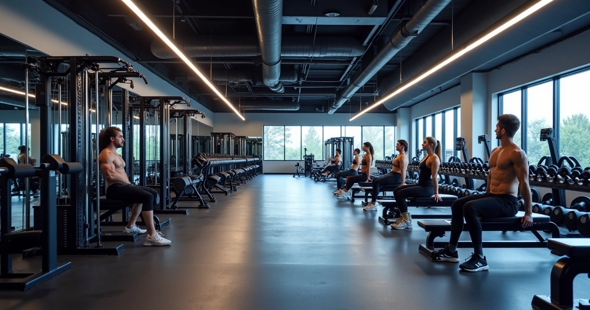 Ambiente de academia com equipamentos profissionais de musculação, pessoas treinando nas máquinas 