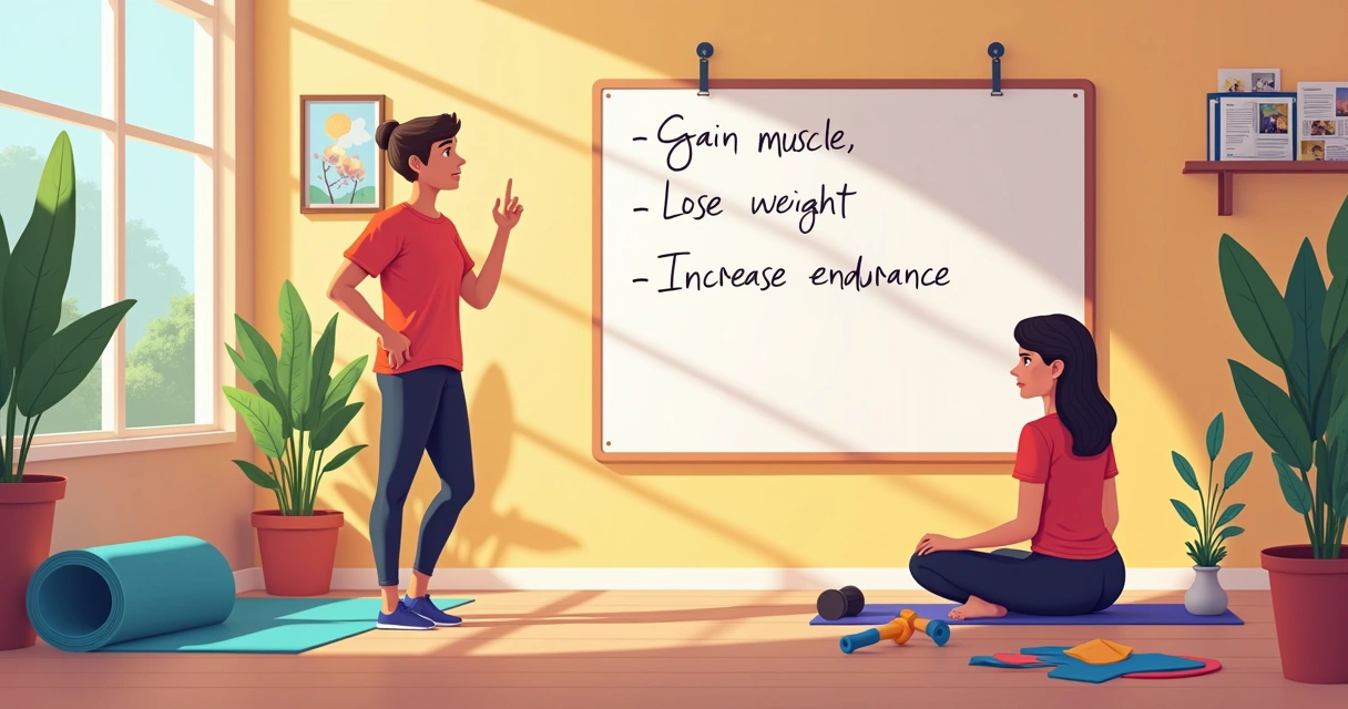 Ambiente de academia em casa com pessoa refletindo sobre metas de fitness e equipamentos ao redor.