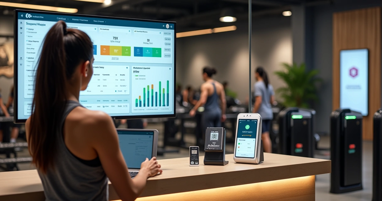 Recepcionista de academia usando painel digital com gestão de alunos e pagamentos ao lado da catraca de entrada 