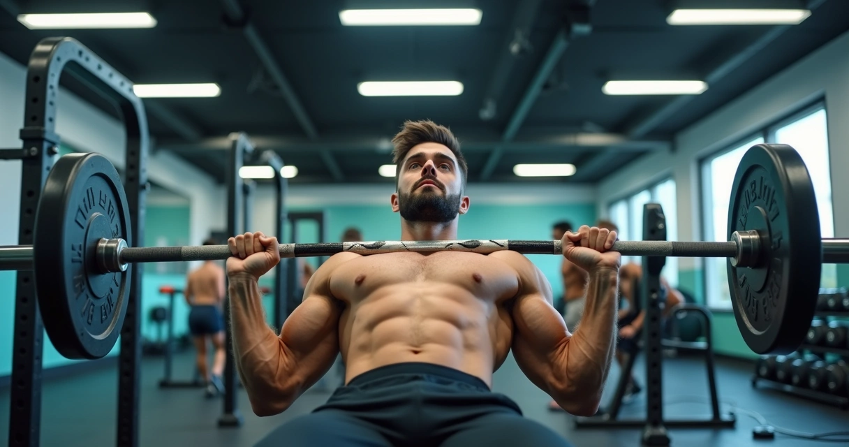 Pessoa realizando supino reto com barra em uma academia bem iluminada
