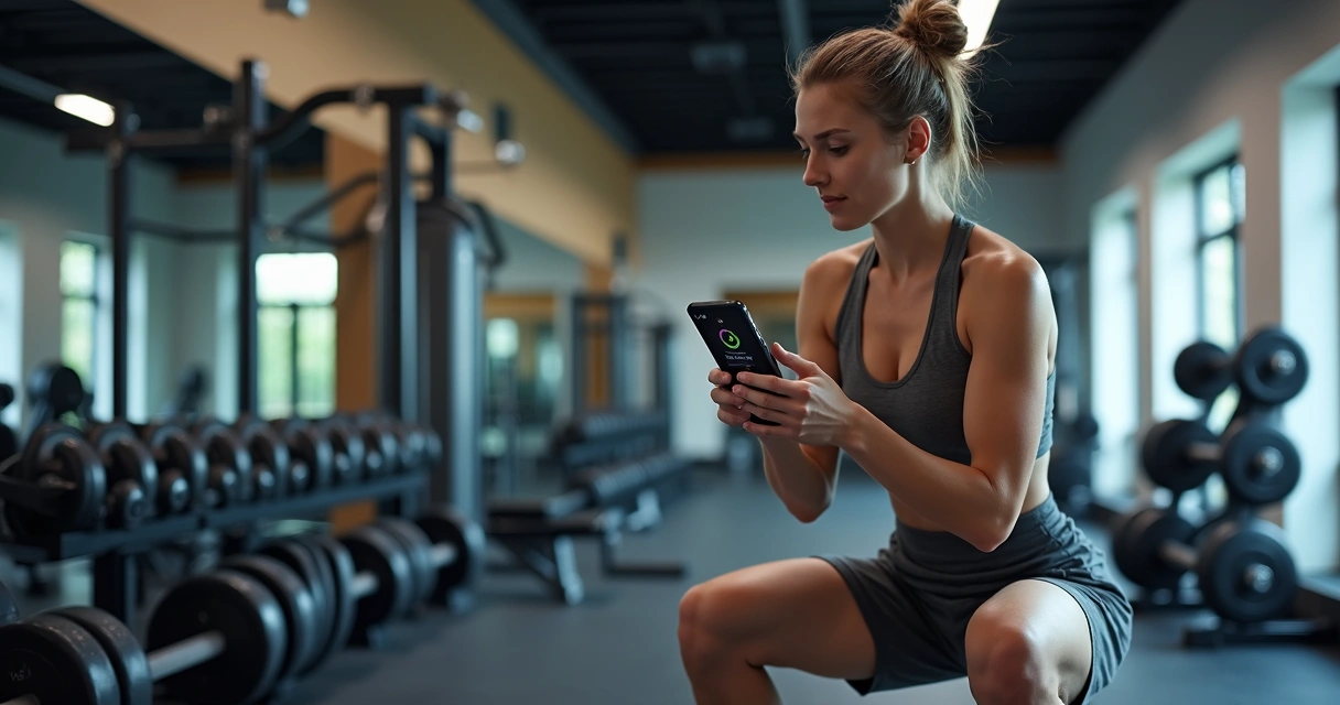 Treinador virtual de musculação orientando uma pessoa com celular na academia