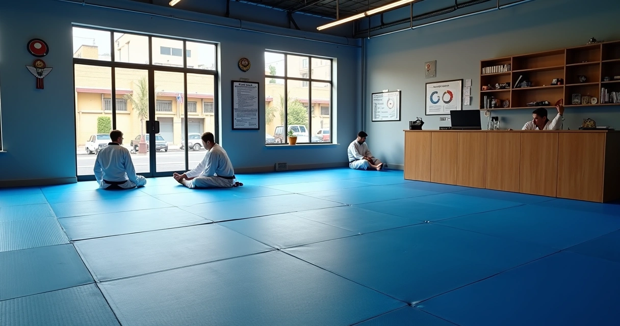 Academia de jiu-jitsu vazia com poucos alunos e área administrativa ao fundo 
