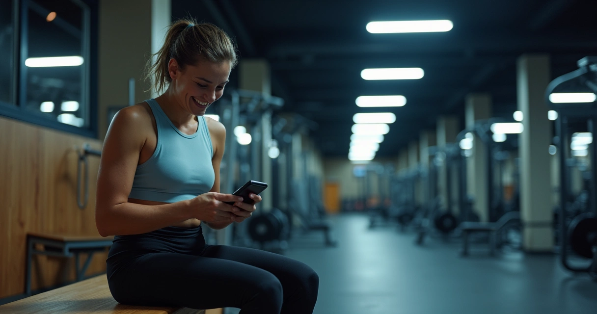 Pessoa usando smartphone em academia vazia à noite 