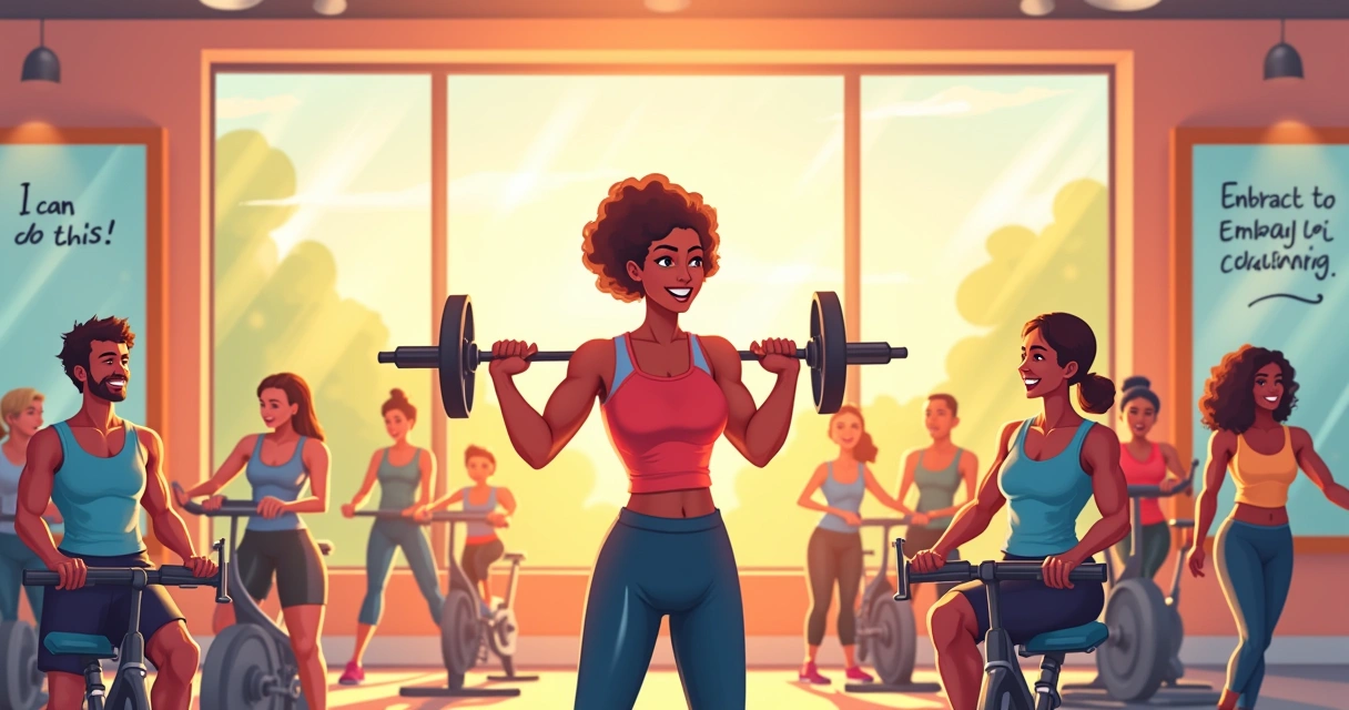 Ilustração otimista de uma academia iluminada, com pessoas exercitando-se e expressando alegria e determinação.