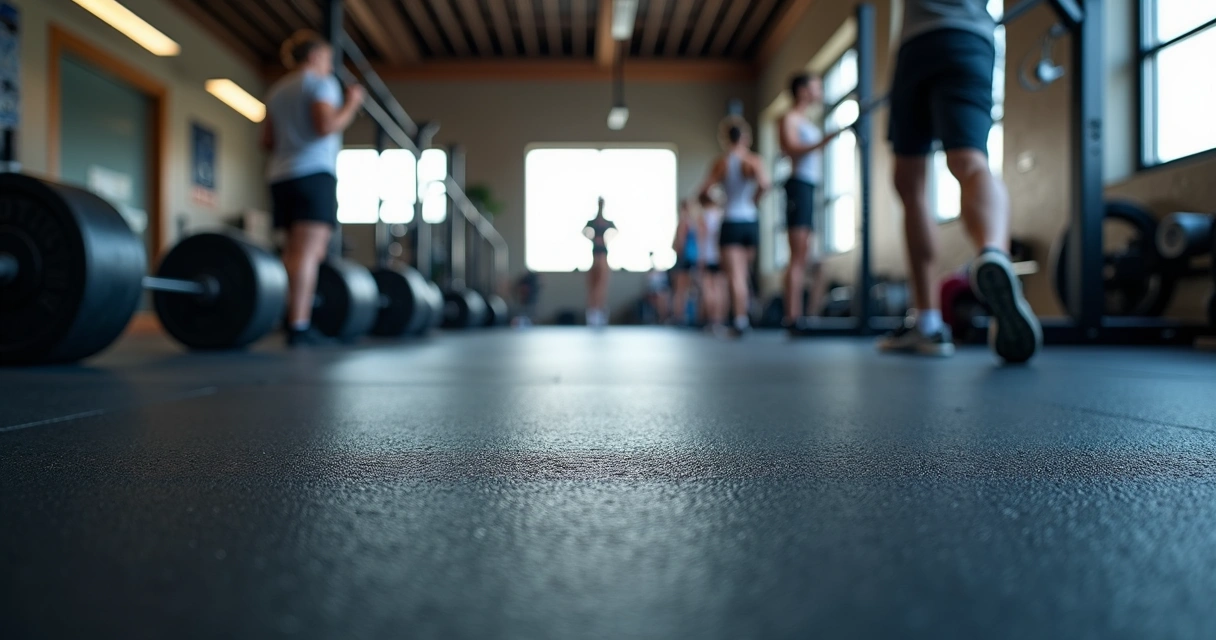 Academia moderna com piso de borracha reciclada de cor escura, pesos no chão, aparelhos de musculação e luz suave 