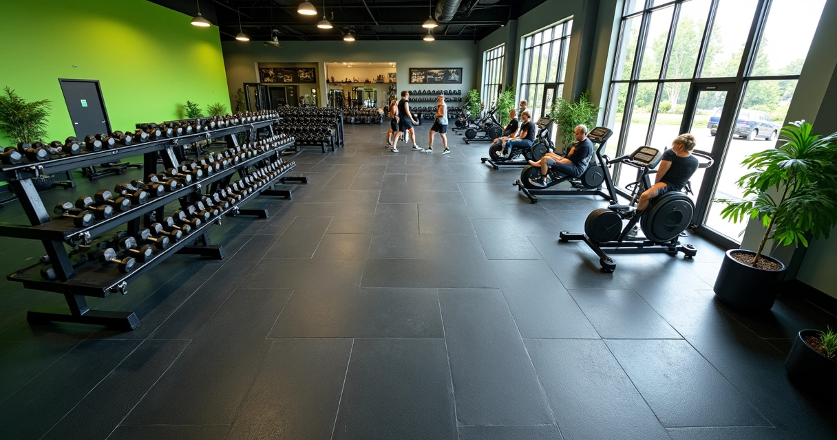 Academia equipada com piso de borracha preto e equipamentos modernos 