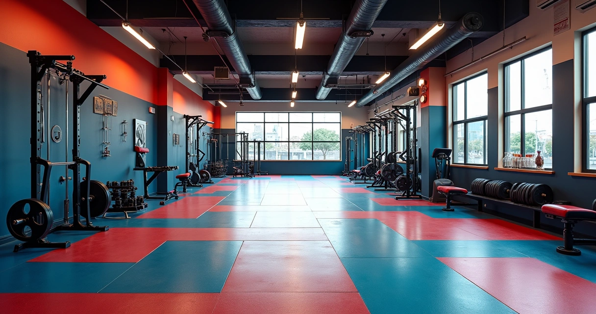 Piso de borracha colorido em academia de ginástica 