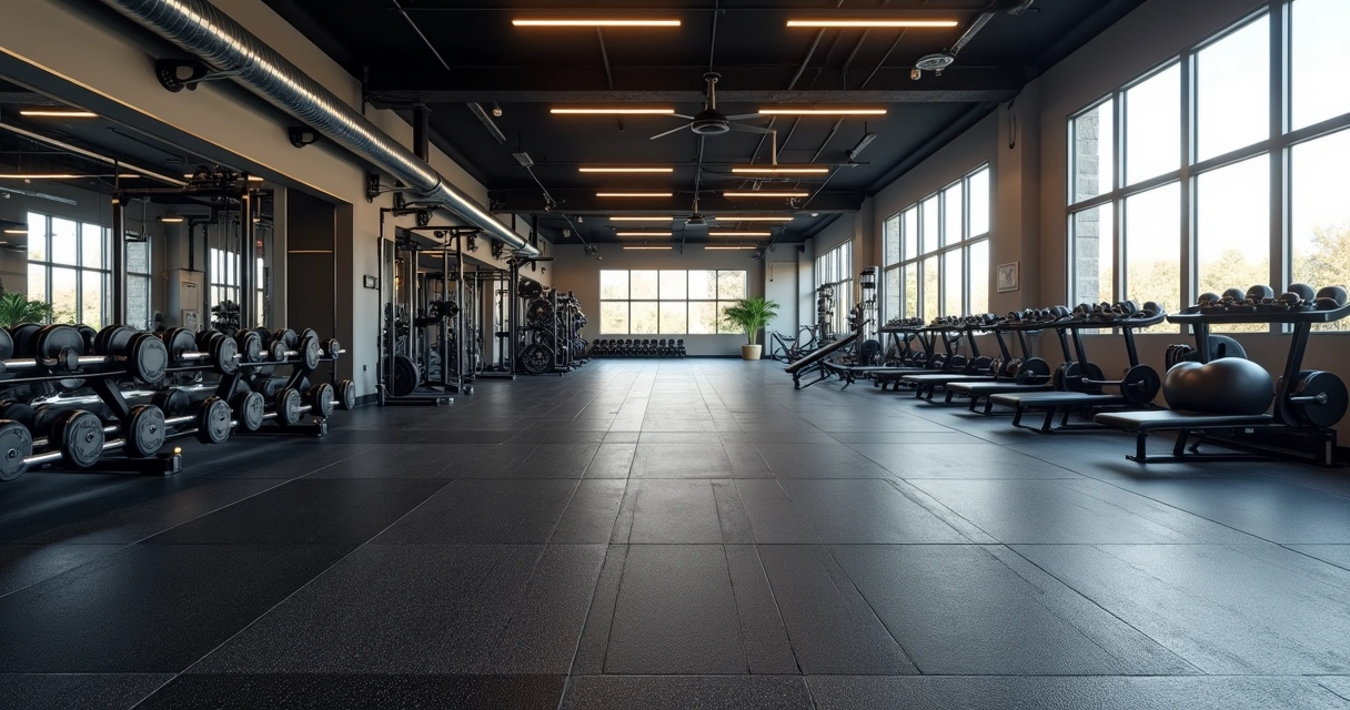 Piso de borracha reciclada instalado em academia moderna, visão lateral do solo com equipamentos de musculação 