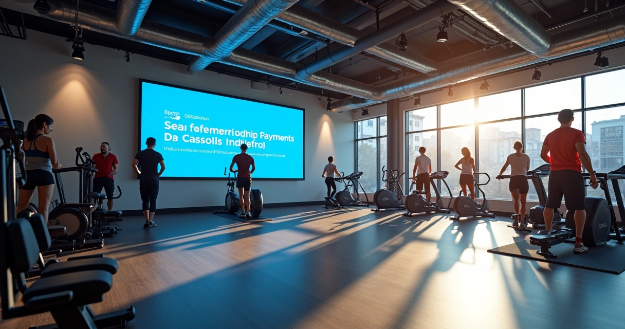 Sala de academia moderna com painel digital de pagamentos por IA 