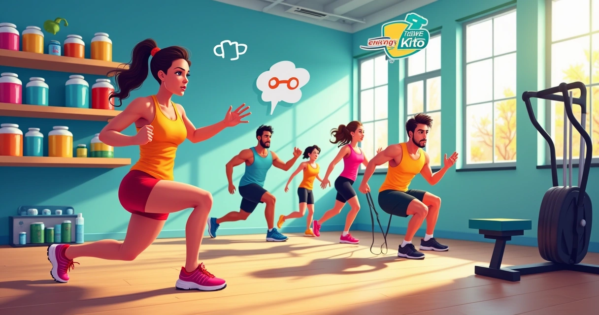 Ilustração de uma academia com pessoas treinando e potes de suplementos visíveis ao fundo, mostrando energia e motivação.