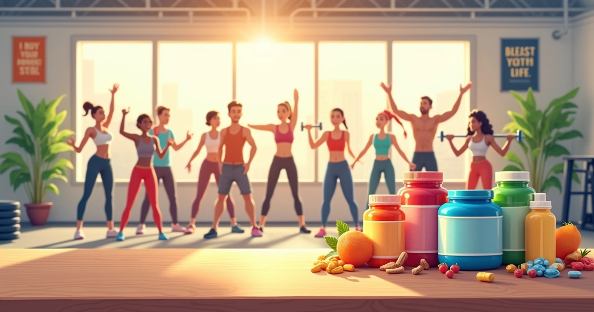Cena vibrante de academia com diversas garrafas de suplementos e pessoas em diferentes atividades físicas.