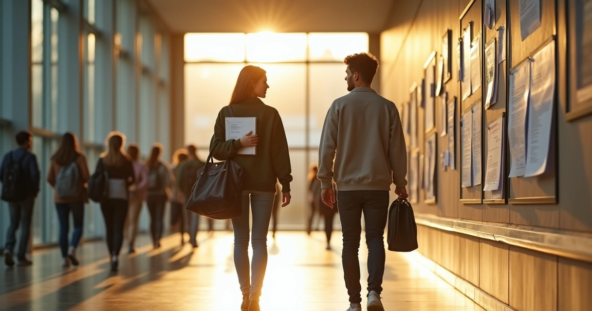 Subtle rivalry between students passing in a university corridor 