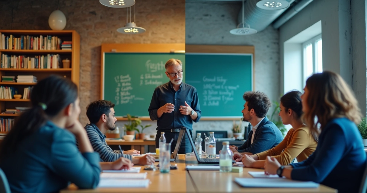 Contrast between a classroom with a chalkboard and a hands-on laboratory workspace 
