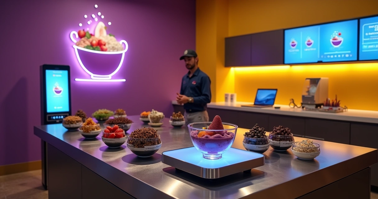 Autoatendimento em açaíteria com tela digital mostrando sistema de gestão 