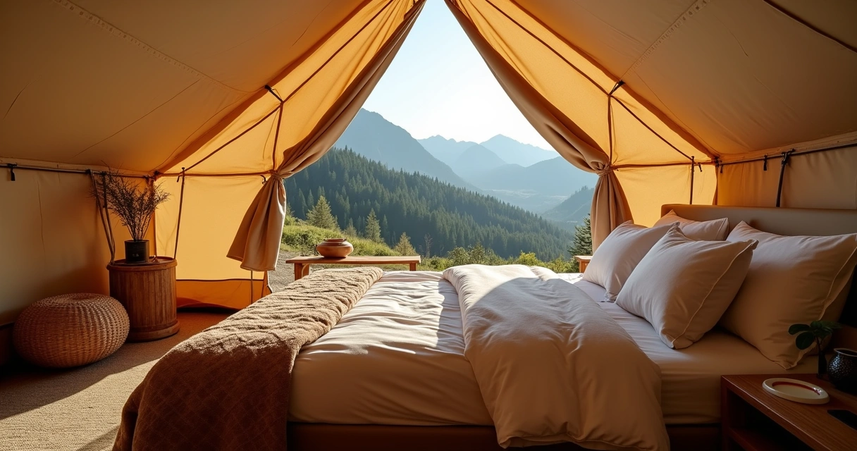 Tenda glamping bem equipada em meio à natureza, com cama confortável, decoração elegante e vista para montanhas 