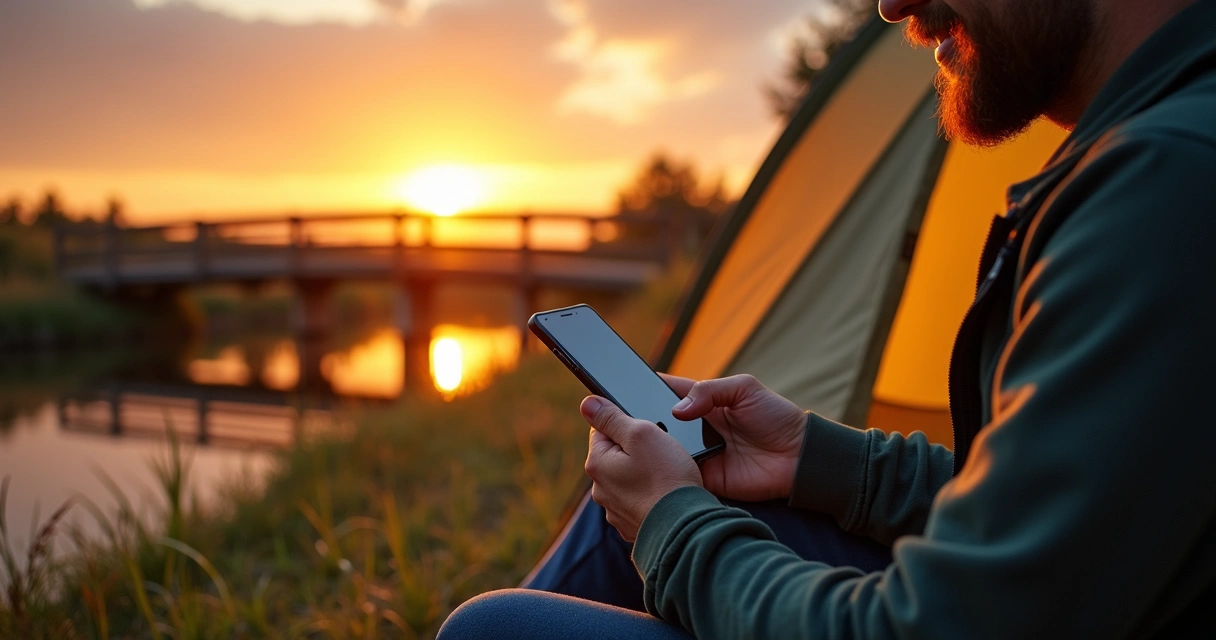 Pessoa usando power bank no acampamento ao pôr do sol 