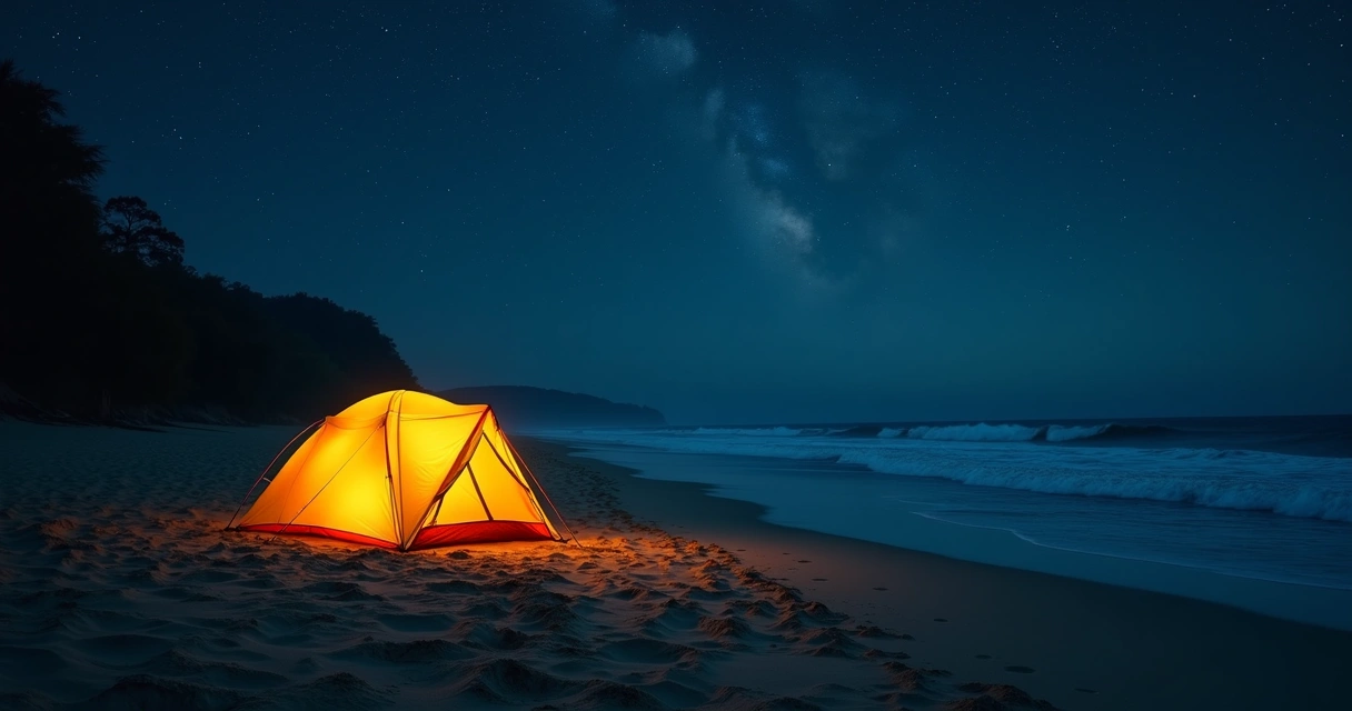 Pessoa acampando sozinha na praia à noite com céu estrelado 