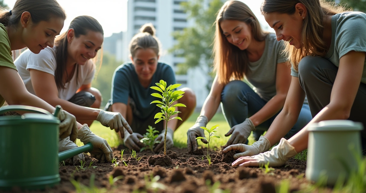 Grupo plantando mudas em espaço urbano comunitário