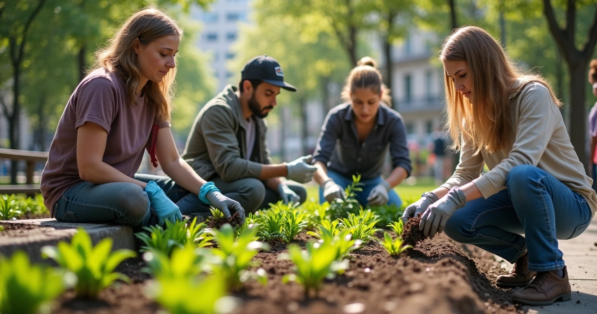 Grupo em ação coletiva de cuidado ambiental em praça urbana