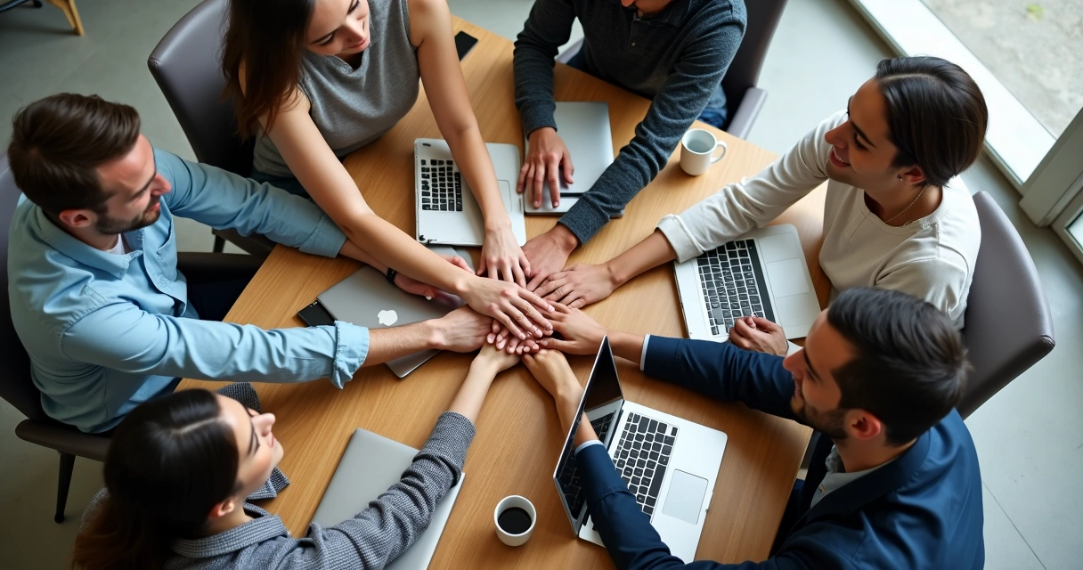 Equipe unida com as mãos juntas no centro da mesa