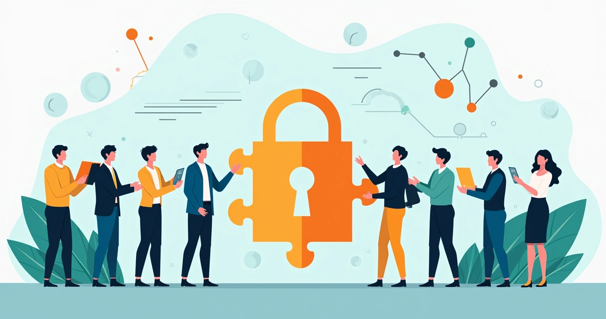 Várias equipes de diferentes empresas unindo peças de um quebra-cabeça de segurança 