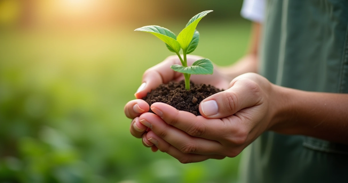 Pessoa segurando uma planta nas mãos abertas em ambiente natural
