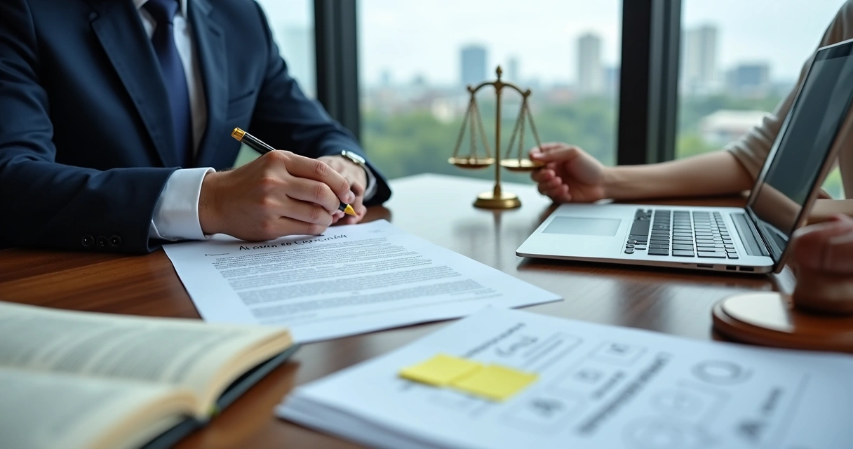 Advogado apresentando documentos de execução judicial em mesa de escritório moderno 