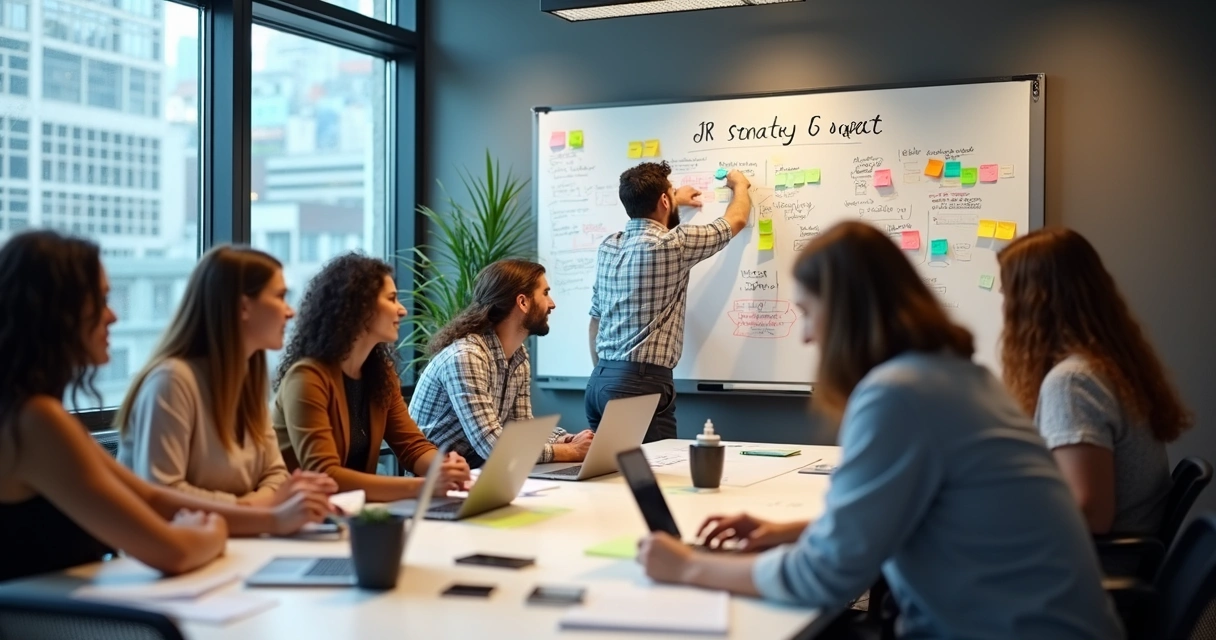Equipe de comunicação reunida planejando uma PR stunt 