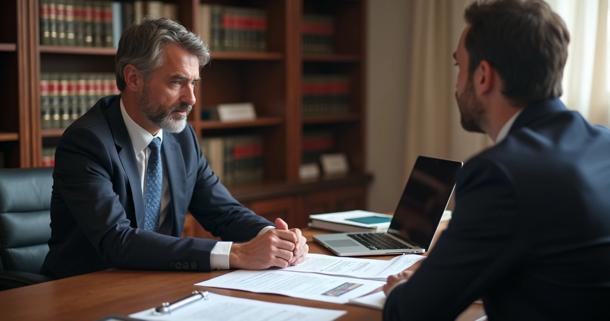 Advogado e cliente em reunião sobre ação de despejo com documentos e laptop 