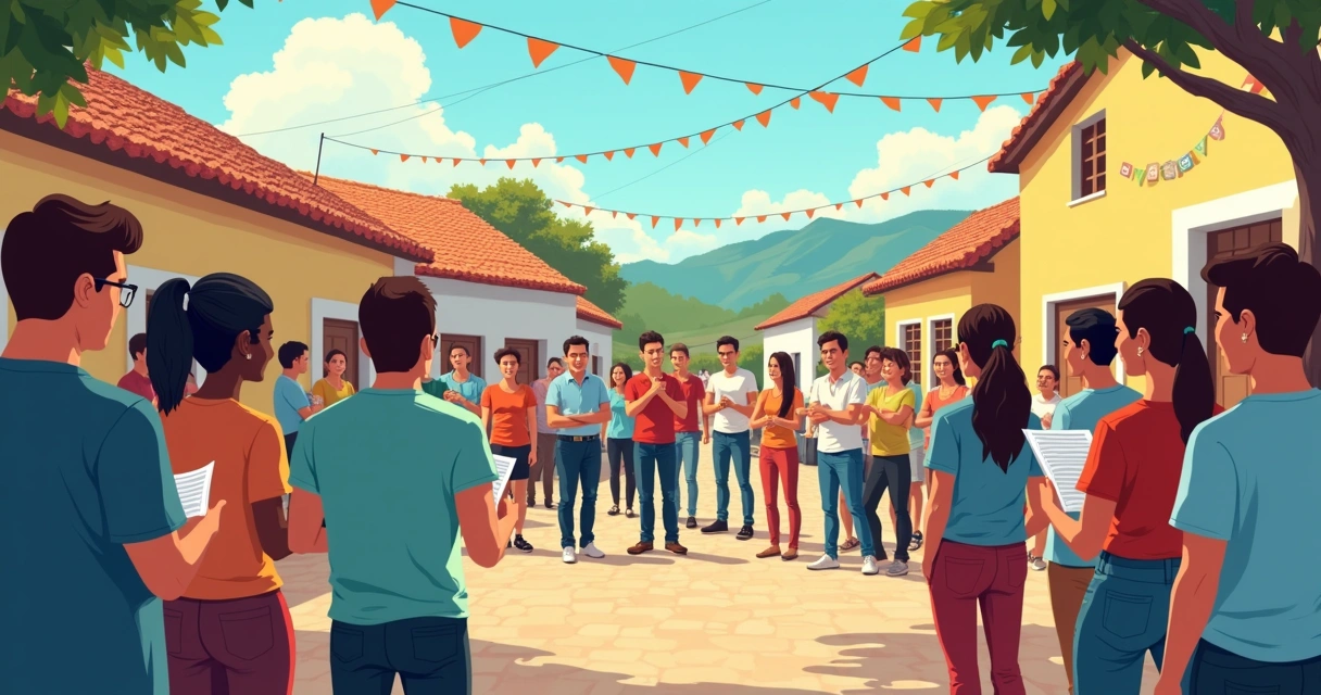Reunião presencial de moradores em praça de cidade do interior, com material impresso e comunicador em ação. 