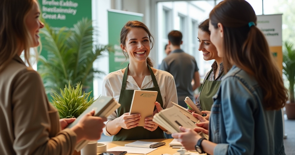 Pessoas recebendo cadernos ecológicos personalizados em ação promocional 