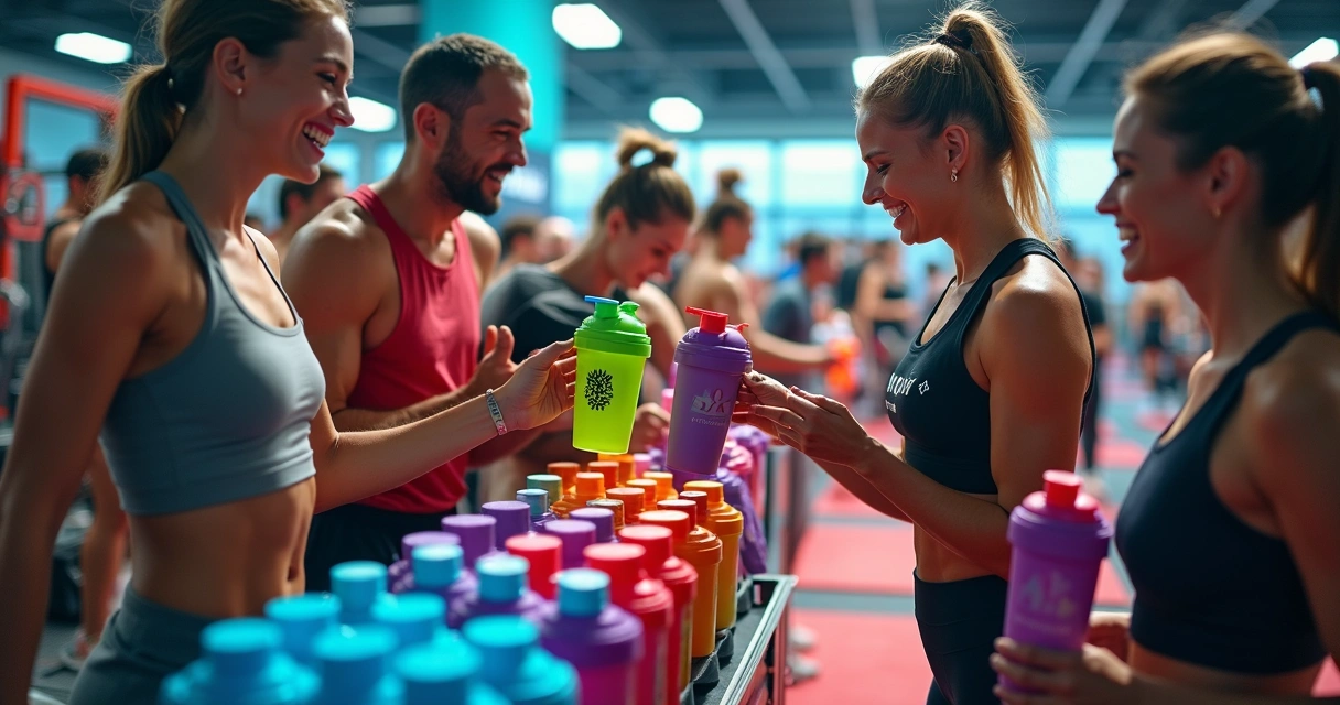 Pessoas em evento fitness recebendo coqueteleiras personalizadas 