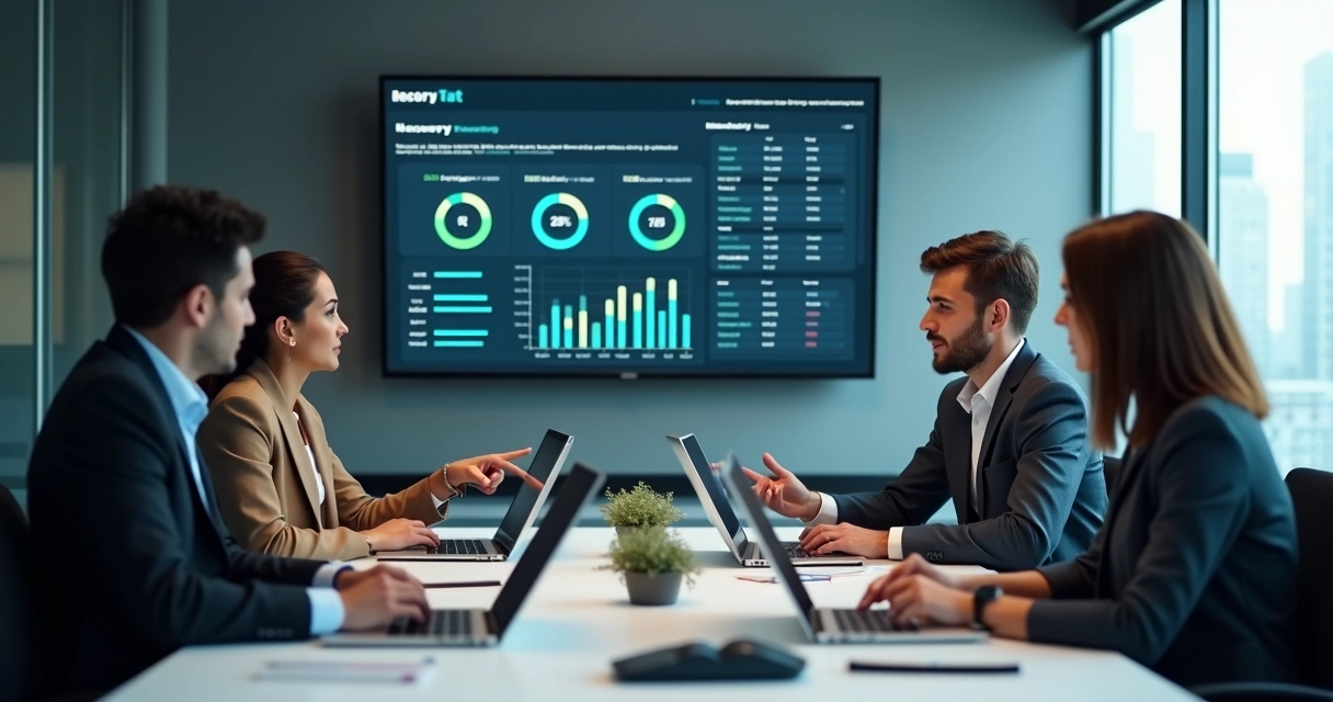 Equipe de TI em reunião de emergência analisando dados de recuperação 