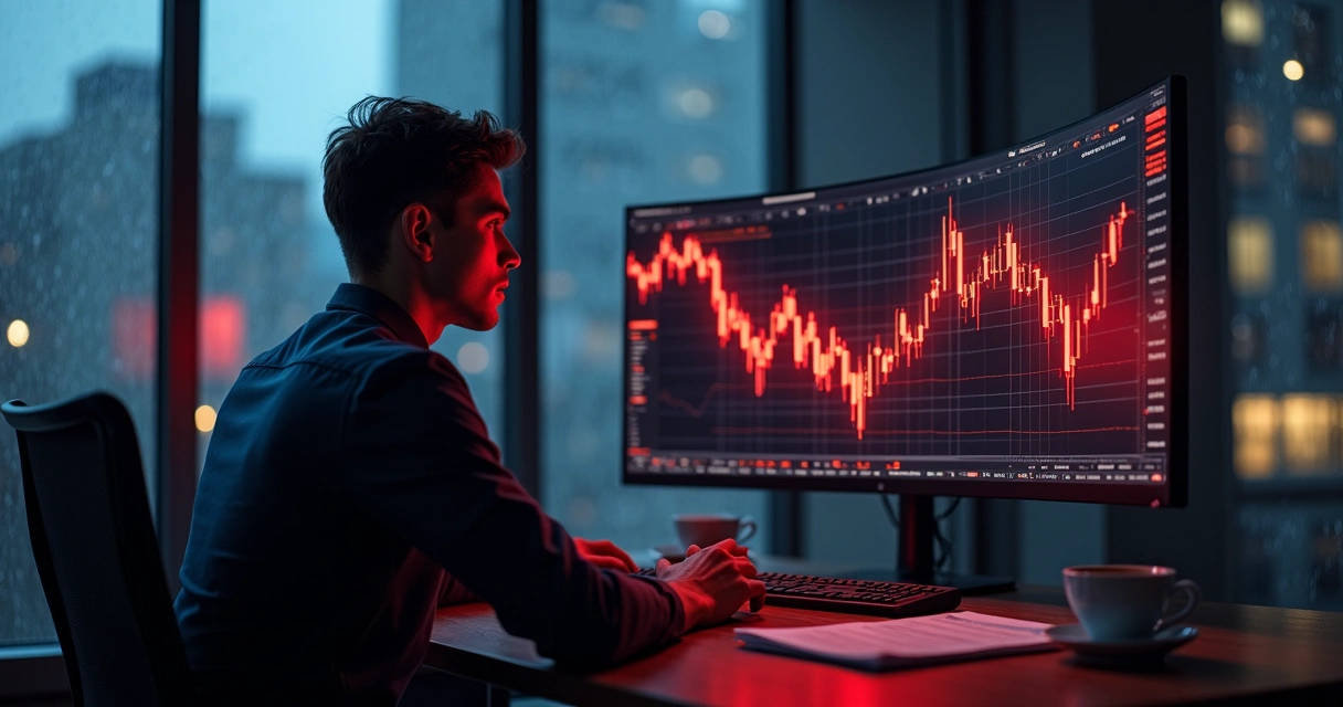 Homem olhando tela de computador com gráfico de ações em queda 