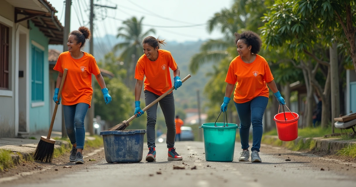 Grupo voluntário limpa rua de bairro brasileiro, baldes e luvas, casas simples ao fundo 