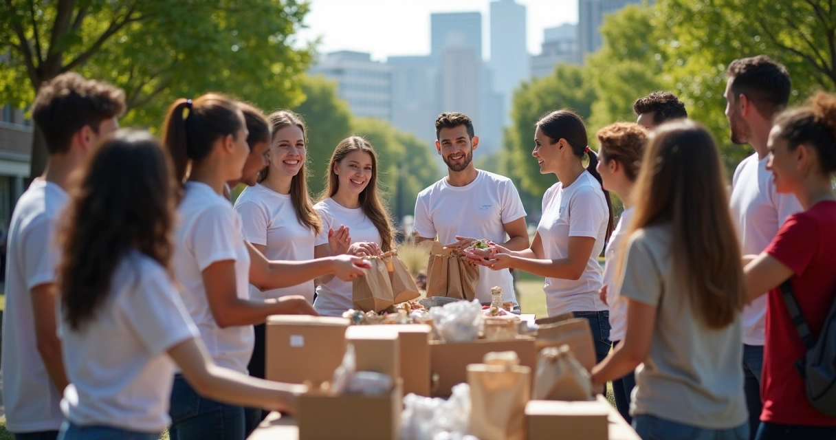 Equipe de colaboradores participando de ação social, distribuindo doações. 